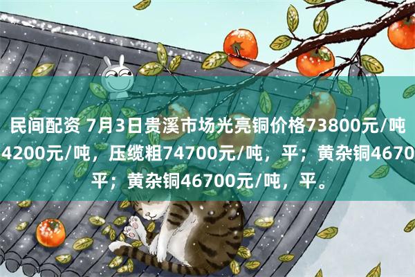 民间配资 7月3日贵溪市场光亮铜价格73800元/吨，低压缆粗74200元/吨，压缆粗74700元/吨，平；黄杂铜46700元/吨，平。